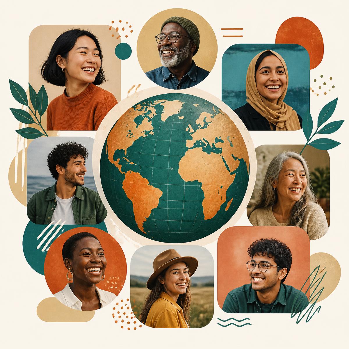 Portraits of people from around the world arranged around a globe